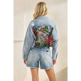 Classic Denim Jacket with Lace Floral Contrast: Med Wash / M