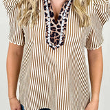 Sky Blue Stripe  Short Puff Sleeve Leopard  Blouse: Brown Stripe M