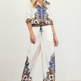 Floral Border Satin Pants: Mustard-Navy / M