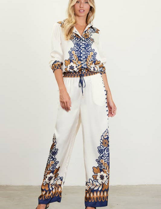 Floral Border Satin Pants: Mustard-Navy / S