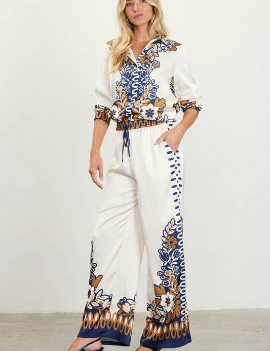 Floral Border Satin Pants: Mustard-Navy / S