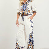 Floral Border Satin Pants: Mustard-Navy / M