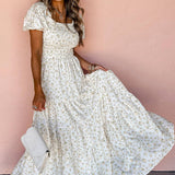 White Frilly Shirred Bodice Tiered Floral Maxi Dress: White / 100%Polyester / L