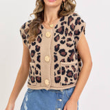 LEOPARD PRINT KNIT BUTTON-UP SWEATER TOP: TAUPE / Contemporary / M