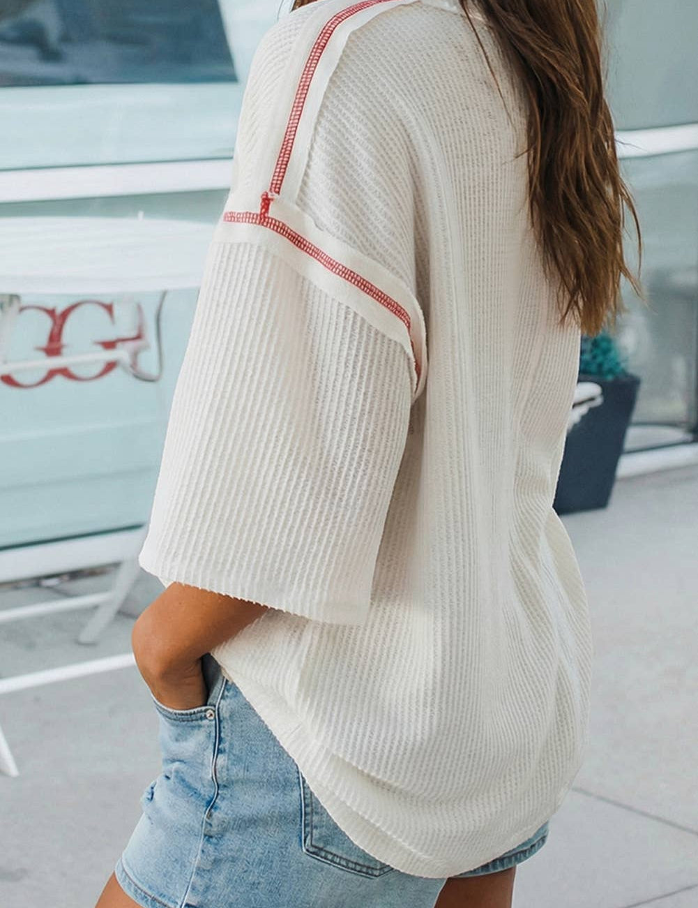 USA Graphic Half Sleeve Loose Ribbed Top (S-XL): Fiery Red / Missy / M