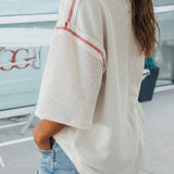 USA Graphic Half Sleeve Loose Ribbed Top (S-XL): Fiery Red / Missy / S
