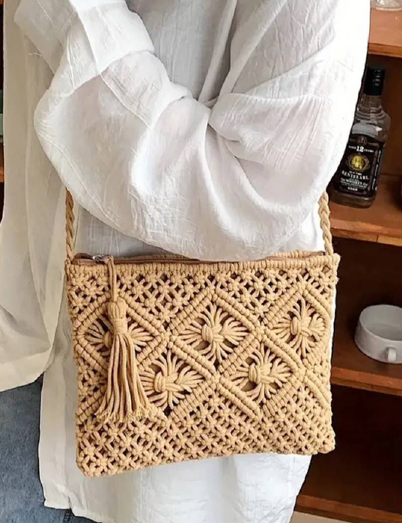 ',,,, SI-26259 Woven Bohemian Tassel Crochet Shoulder Bag: ASH MOCHA-167828 / OS