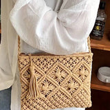 ',,,, SI-26259 Woven Bohemian Tassel Crochet Shoulder Bag: ASH MOCHA-167828 / OS