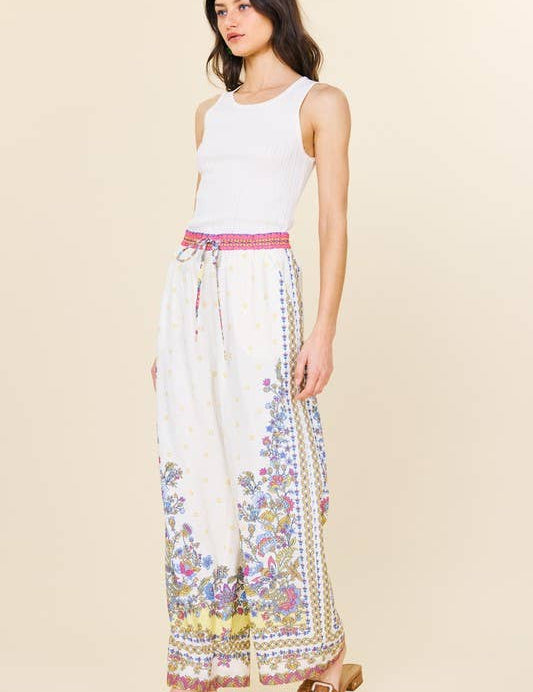 Border Print Wide Leg Pants: Yellow Multi / S