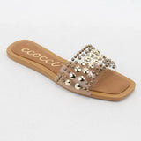 CHRISSY ROUND STUD EMBELLISHED SQUARE TOE SLIP ON SANDAL: White / A12