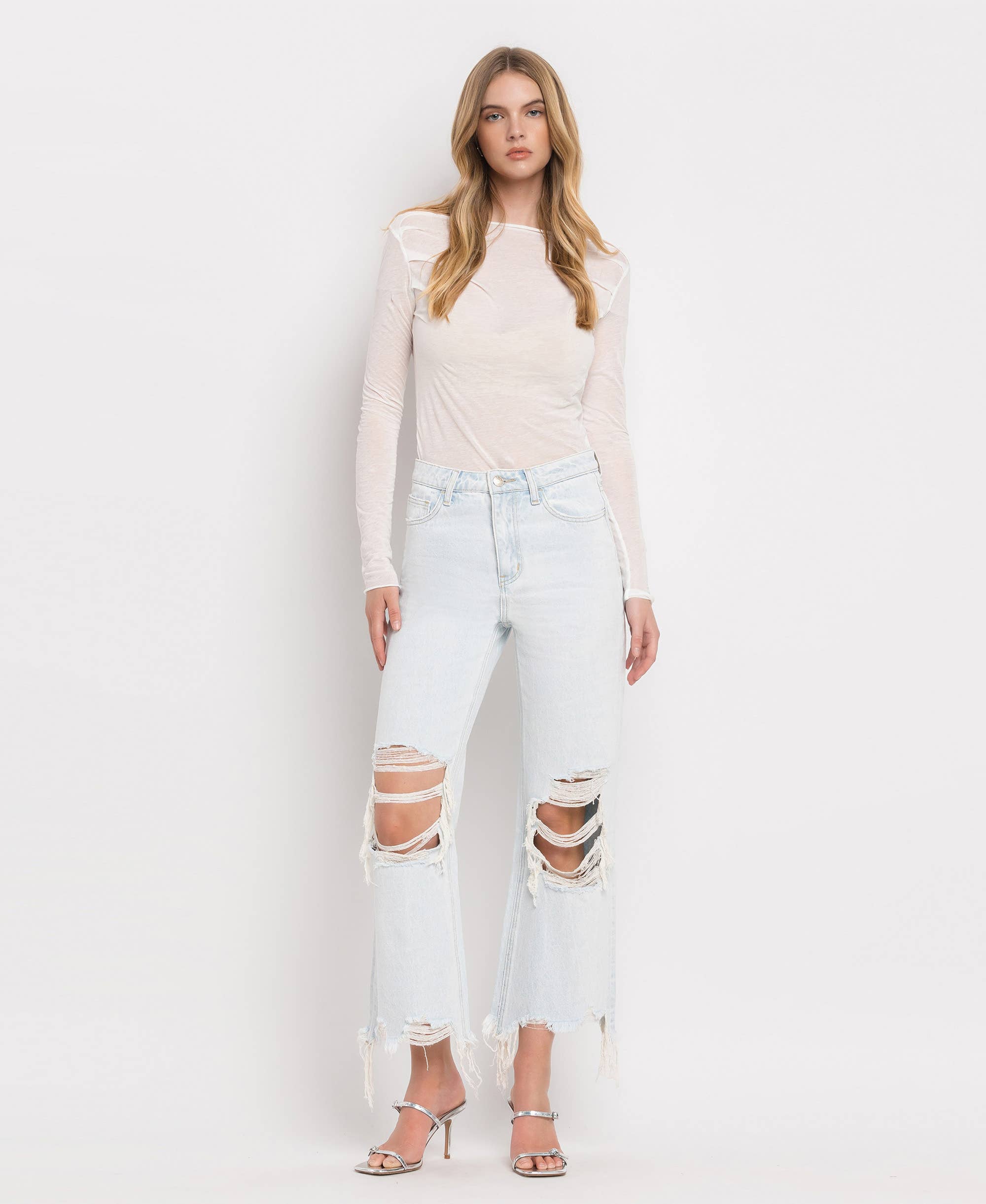 90'S VINTAGE SUPER HIGH RISE CROP FLARE JEANS V2471: NASHVILLE MOON / 32