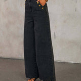 SOLID COLOR LOOSE DENIM WIDE LEG PANTS VEST SUIT: BLACK / (XL) 1