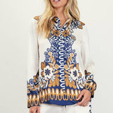 Printed Border-Print Long Sleeve Button-Down Blouse: Mustard-Navy / S