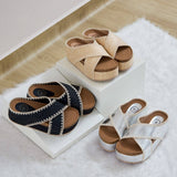 Nina 4 Crisscross Platform Wedge with Contrast Stitch Detail: Nude Raffia / 7