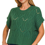 ,,,.0722 Cable Knit Short Sleeve Sweater SI-28167: BLACK-184424 / L