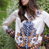 Printed Border-Print Long Sleeve Button-Down Blouse: Mustard-Navy / L