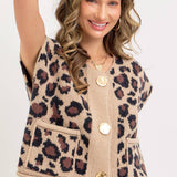 LEOPARD PRINT KNIT BUTTON-UP SWEATER TOP: TAUPE / Contemporary / M