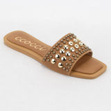 CHRISSY ROUND STUD EMBELLISHED SQUARE TOE SLIP ON SANDAL: White / A12