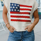 Flag Graphic Short Sleeve Sweater Top White