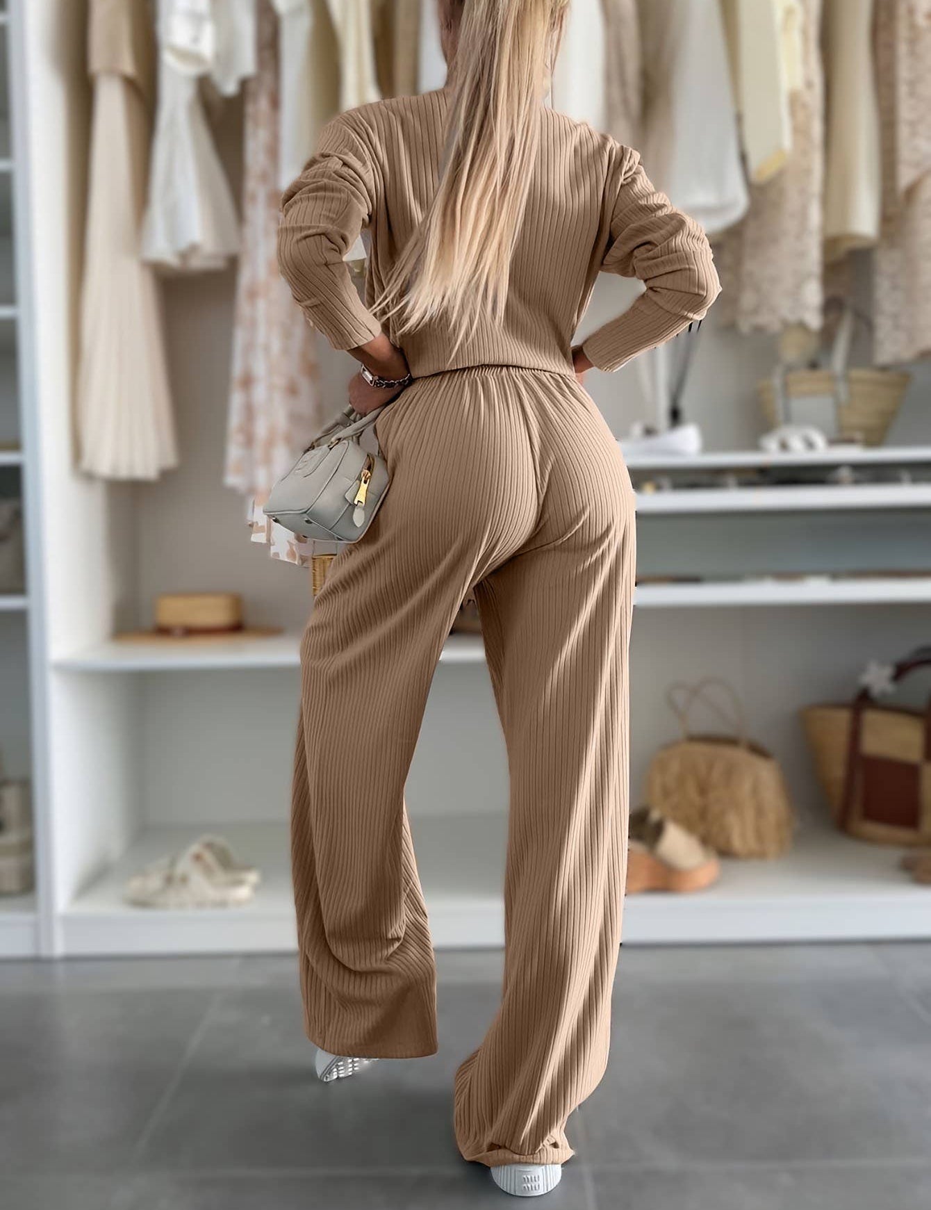 Ribbed T-Shirt & Drape Straight-Leg Pants Set