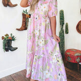 Floral Print Short Puff Sleeve High Waist Tiered Maxi Dress: Pink / M