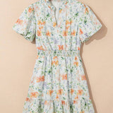 Beige Floral Print Shirred High Waist Puff Sleeve Mini Dress: Beige S