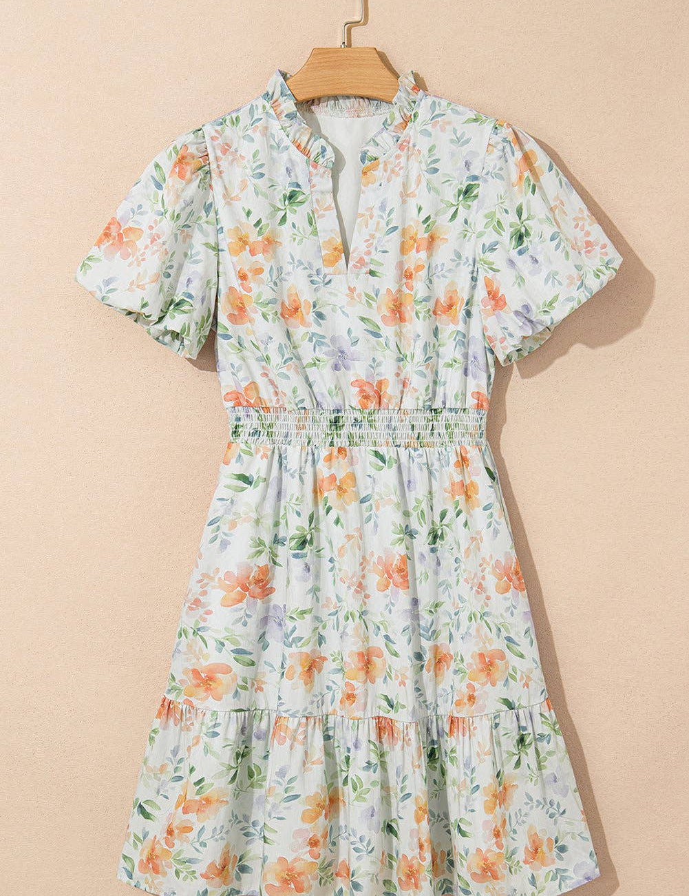 Beige Floral Print Shirred High Waist Puff Sleeve Mini Dress: Beige XL