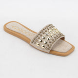 CHRISSY ROUND STUD EMBELLISHED SQUARE TOE SLIP ON SANDAL: White / A12