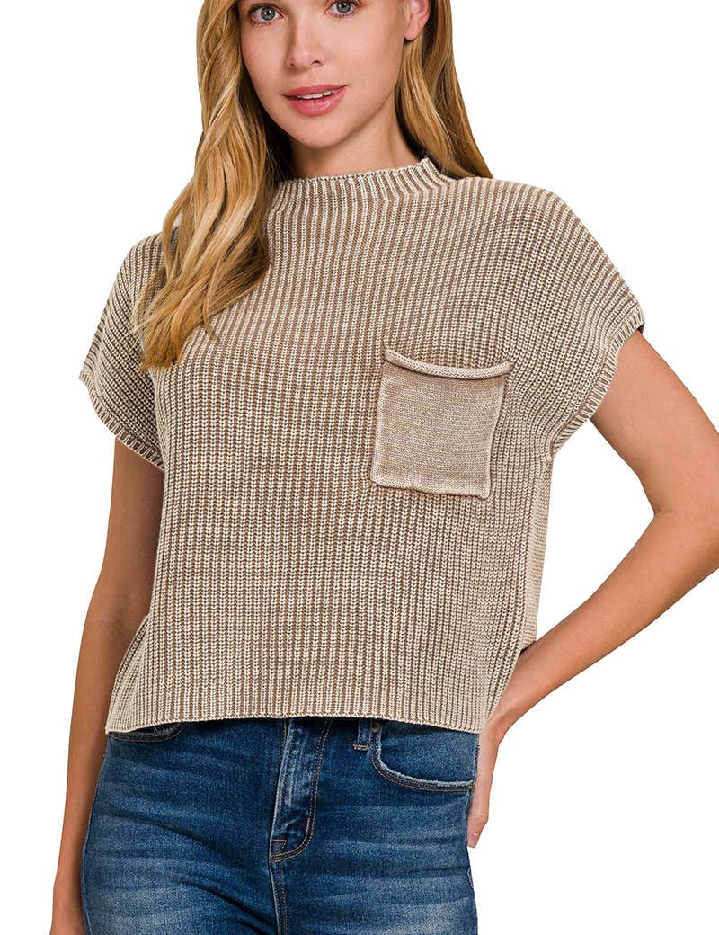 .....1214 Washed Mock Neck Short Sleeve Cropped Sweater SI-26359: BLACK-168751 / L/XL