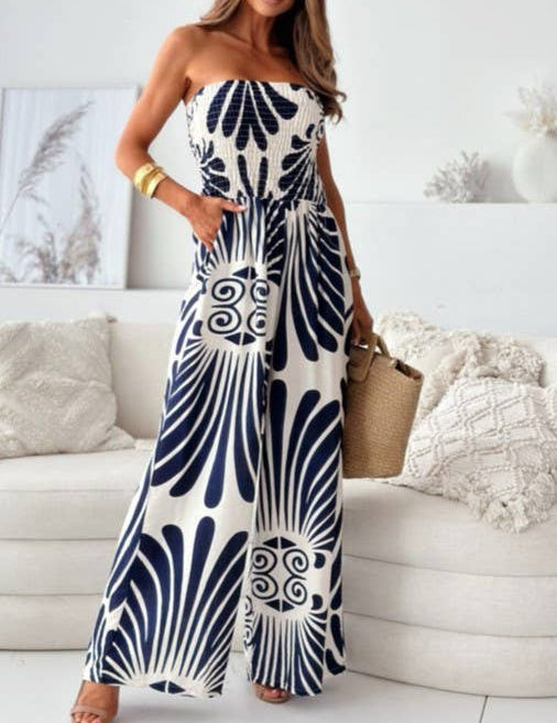 Fashionable Print Bandeau Waist-Cinching Jumpsuit: Khaki / L