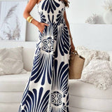 Fashionable Print Bandeau Waist-Cinching Jumpsuit: Khaki / S