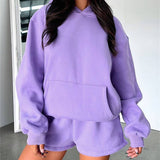 Basic pocket hoodie &  drawstring short set outfits