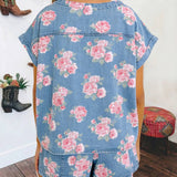 Floral Cuffed Short Sleeve Top Loose Shorts 2pcs Denim Set: Sky Blue / M