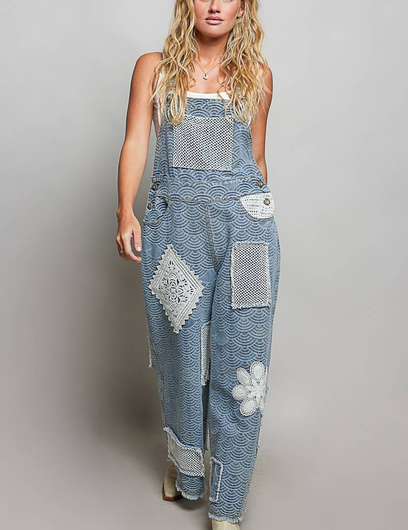 Crochet Contrast Patch Detail Chest Pocket Woven Overalls