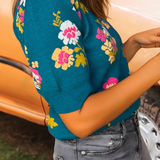 Fashion-W Flower Pattern Short Sleeve Knitted Sweater: As shown / Missy / L
