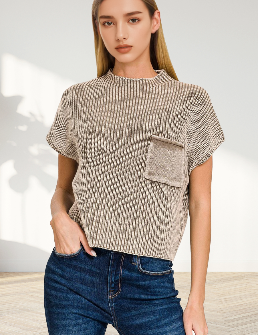 .....1214 Washed Mock Neck Short Sleeve Cropped Sweater SI-26359: BLACK-168751 / L/XL