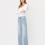 HIGH RISE WAIST TIE STRIPED WIDE LEG JEANS V3838STR: STRIPE / 24