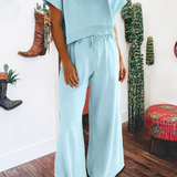 Solid Color Loose Tee Drawstring Wide Leg Pants 2pcs Outfit: Parchment / S