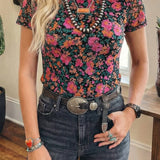 Spring Western Retro Floral Printed Mock Neck Mesh Top (S-4X: Multi-Colored / 2X