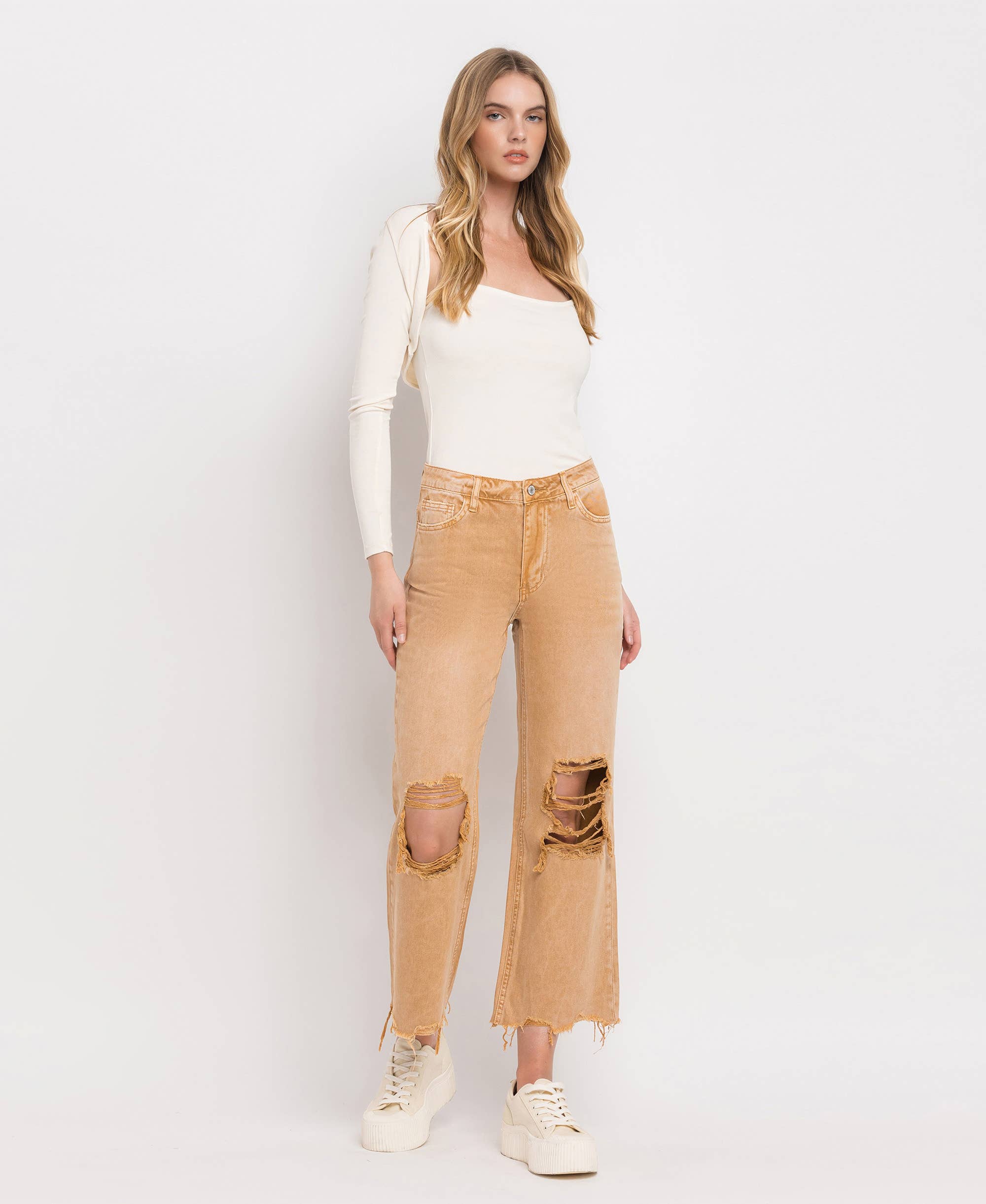 90'S VINTAGE SUPER HIGH RISE CROP FLARE JEANS V2736: KISS OF CALIFORNIA / 30
