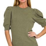 ,,..SI-25003 Viscose Puff Short Sleeve Sweater: H BEIGE-170996 / L