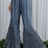 Flared Ruffle Hem Washed Chambray Crop Denim Pants VP83039: Washed Denim / L