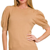 ,,..SI-25003 Viscose Puff Short Sleeve Sweater: H BEIGE-170996 / S