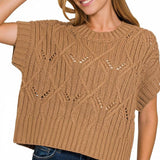 ,,,.0722 Cable Knit Short Sleeve Sweater SI-28167: DEEP CAMEL-184427 / S