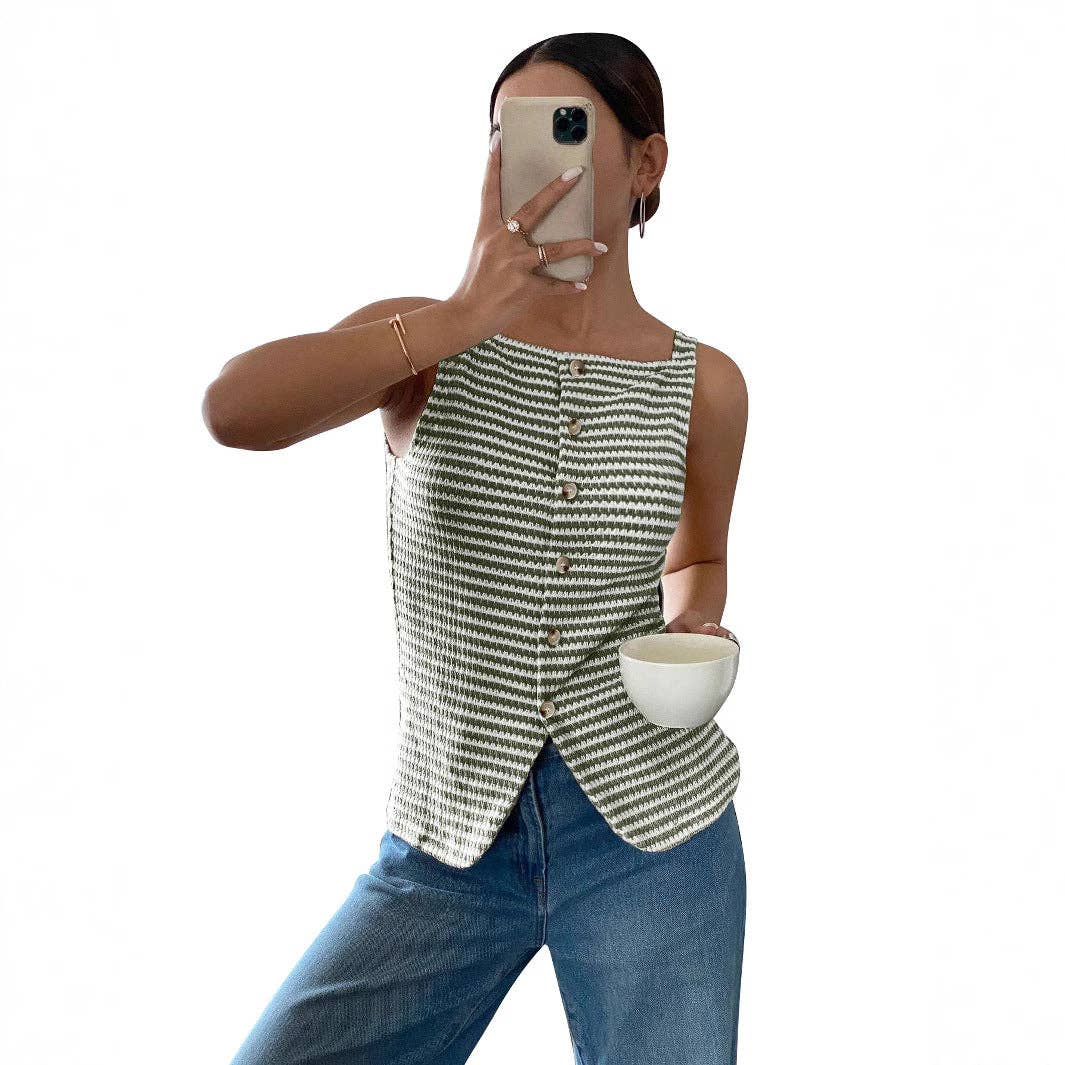 Striped Button Front Sleeveless Tank Top with Slit Hem: Black / 65%viscose+35%polyester / L