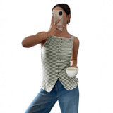 Striped Button Front Sleeveless Tank Top with Slit Hem: Apricot Color / 65%viscose+35%polyester / L