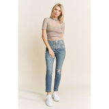 MESH LACE HIGH NECK DESIGN SHORT SLEEVE FITTED TOP: Beige