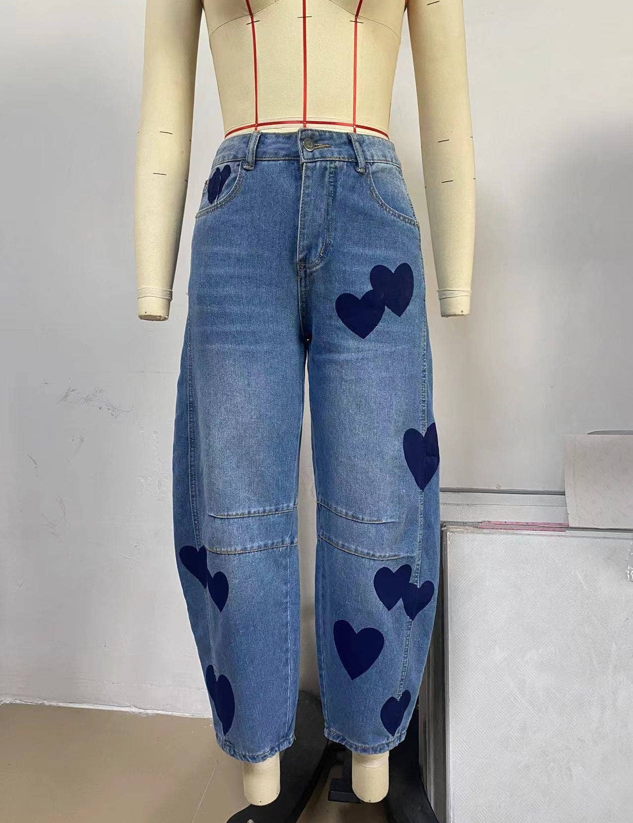 Heart Pattern Straight Jeans YYNZ022: Blue / M