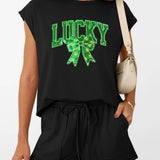 St Patricks Day Lucky Sequin Bow Two Piece Set: Black / 65%Polyester  30%Viscose   5%Elastane / S