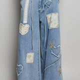 Waist Elastic Band Heart Floral Print Patch Wide Denim Pants: DENIM / M